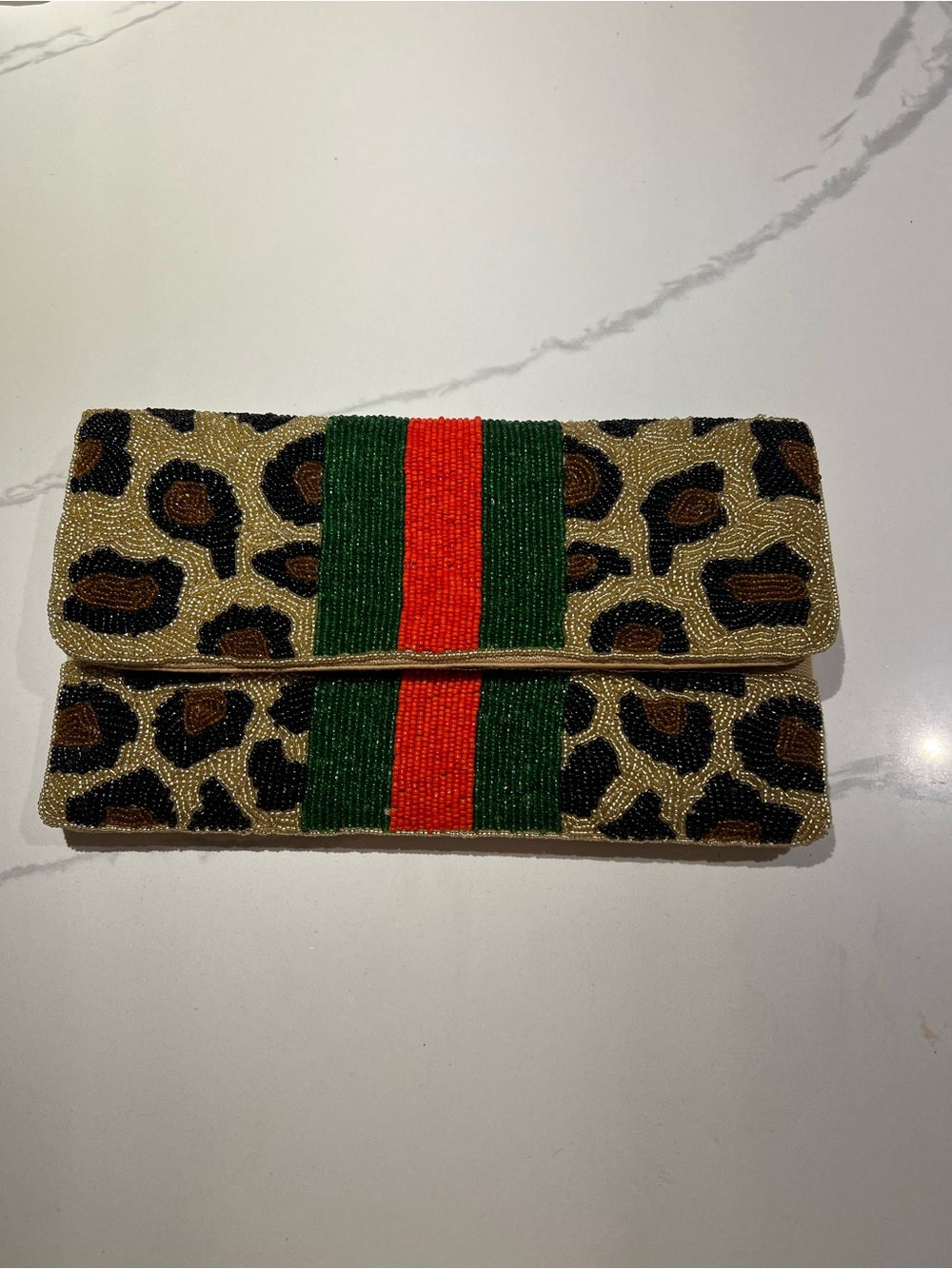 Leopard Beaded Foldover Clutch with Green and Red Stripe